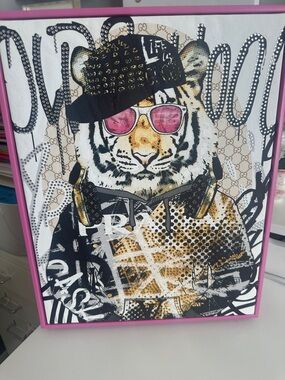 Gucci Tiger Portrait with Pink Sunglasses and Gold Accents